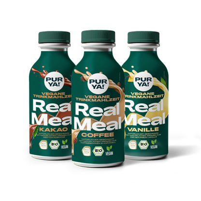 3 PURYA! Real Meal To Go Trinkmahlzeit Flaschen in den Sorten Kakao, Coffee und Vanille