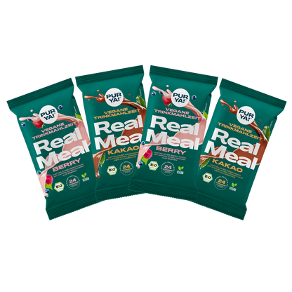 Vier PURYA! Real Meal Trinkmahlzeit Tüten in den Sorten Berry und Kakao