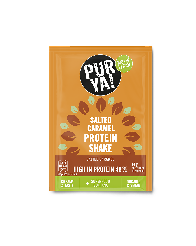 PURYA! Protein Shake mit Superfood Tüte in der Sorte Salted Caramel mit Guarana